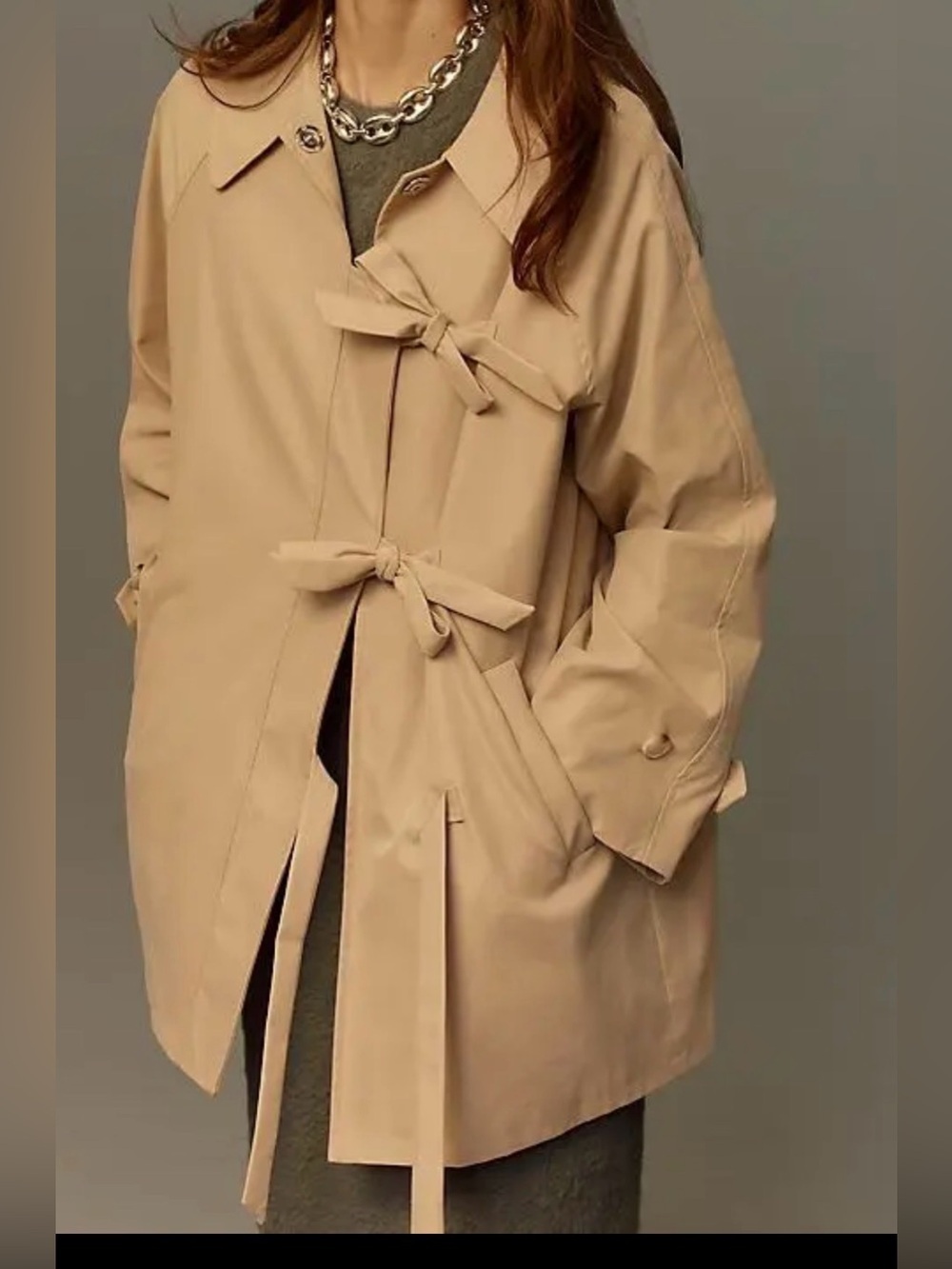 Maeve Bow Toggle Trench Coat Jacket Neutral Chic Coquette  size S